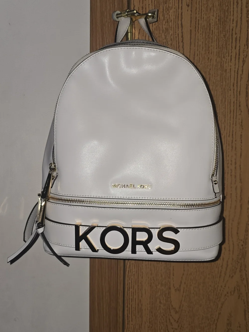 Michael Kors White Leather Mini Backpack with Gold Hardware and KORS Logo